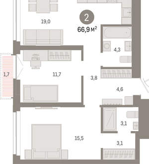 2-к квартира, вторичка, 67м2, 9/23 этаж