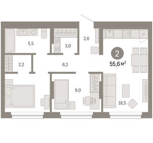 2-к квартира, вторичка, 56м2, 2/12 этаж