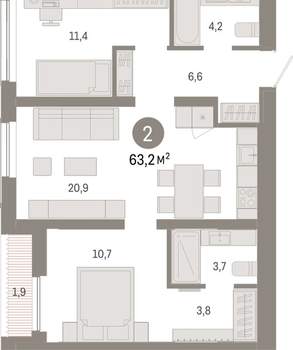 2-к квартира, вторичка, 63м2, 2/15 этаж