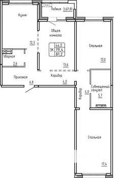 3-к квартира, вторичка, 81м2, 2/17 этаж