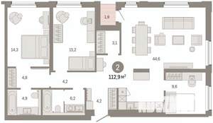 2-к квартира, вторичка, 113м2, 6/9 этаж