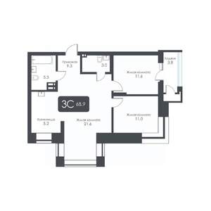 3-к квартира, строящийся дом, 69м2, 9/30 этаж