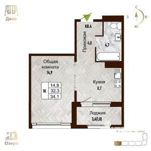1-к квартира, вторичка, 34м2, 14/17 этаж