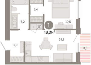 1-к квартира, вторичка, 46м2, 4/24 этаж