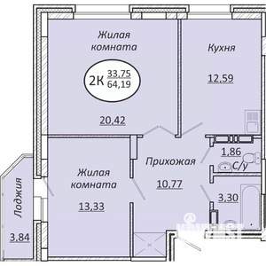 2-к квартира, строящийся дом, 64м2, 7/25 этаж