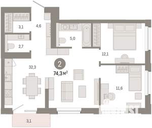 2-к квартира, вторичка, 74м2, 3/14 этаж