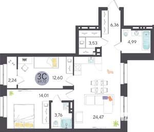 3-к квартира, строящийся дом, 70м2, 4/27 этаж