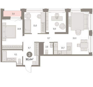 3-к квартира, вторичка, 90м2, 26/30 этаж