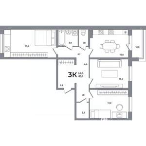 3-к квартира, вторичка, 83м2, 4/17 этаж