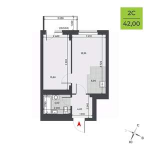 2-к квартира, строящийся дом, 42м2, 14/21 этаж
