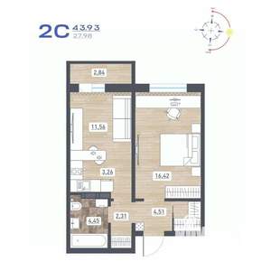 2-к квартира, строящийся дом, 44м2, 11/17 этаж