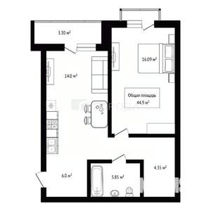 2-к квартира, вторичка, 47м2, 8/8 этаж