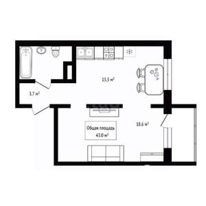 1-к квартира, вторичка, 43м2, 8/17 этаж
