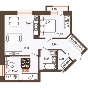3-к квартира, вторичка, 68м2, 2/19 этаж