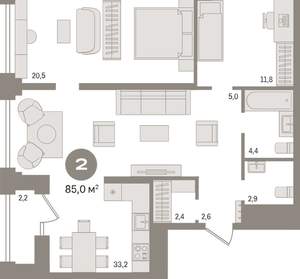 2-к квартира, вторичка, 85м2, 15/30 этаж