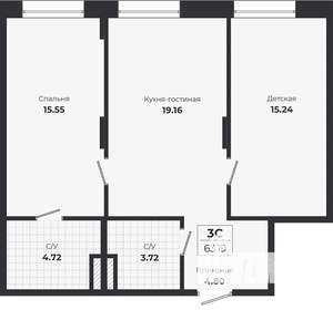 2-к квартира, строящийся дом, 63м2, 1/9 этаж