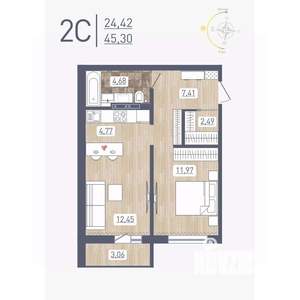 2-к квартира, строящийся дом, 45м2, 13/17 этаж