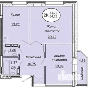 2-к квартира, строящийся дом, 64м2, 16/25 этаж