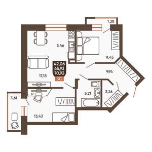 3-к квартира, вторичка, 71м2, 6/19 этаж