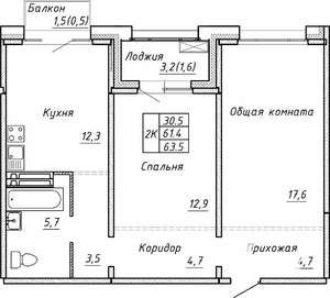 2-к квартира, вторичка, 64м2, 10/15 этаж
