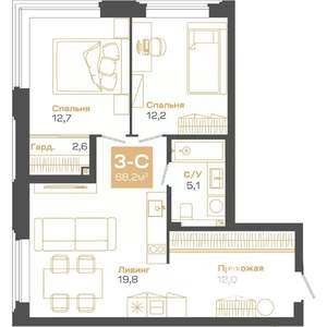 3-к квартира, строящийся дом, 68м2, 3/24 этаж