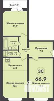 3-к квартира, строящийся дом, 67м2, 16/17 этаж