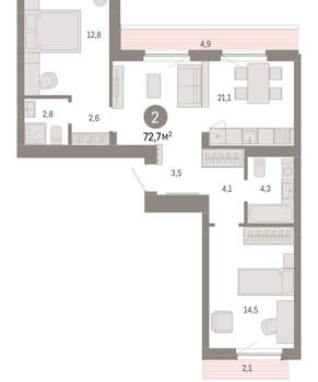 2-к квартира, вторичка, 73м2, 9/12 этаж