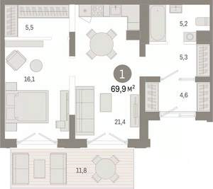 1-к квартира, вторичка, 70м2, 1/17 этаж