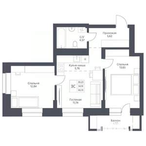 3-к квартира, вторичка, 58м2, 14/24 этаж
