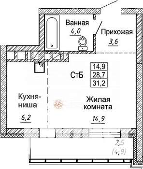 Студия квартира, вторичка, 31м2, 22/30 этаж