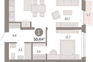 1-к квартира, вторичка, 50м2, 6/23 этаж