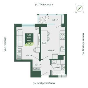 1-к квартира, строящийся дом, 39м2, 13/18 этаж