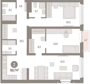 2-к квартира, вторичка, 94м2, 6/23 этаж