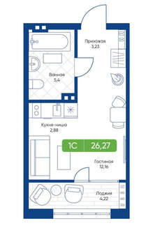 1-к квартира, вторичка, 26м2, 2/22 этаж