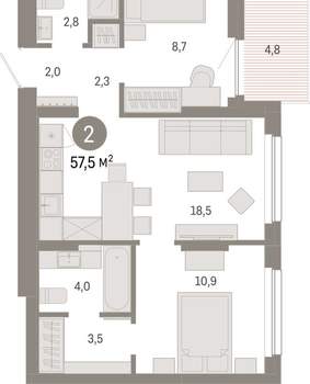 2-к квартира, вторичка, 58м2, 8/12 этаж