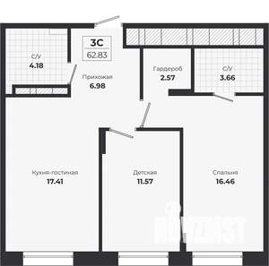 2-к квартира, вторичка, 63м2, 1/9 этаж