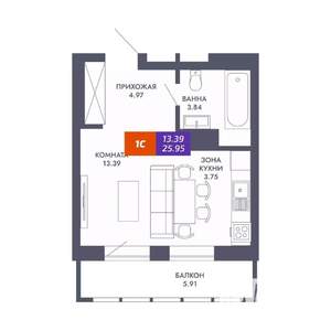 1-к квартира, вторичка, 26м2, 24/25 этаж