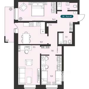 3-к квартира, вторичка, 76м2, 2/25 этаж