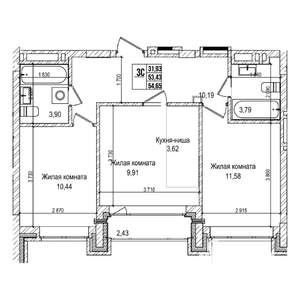 3-к квартира, строящийся дом, 53м2, 2/21 этаж