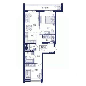 3-к квартира, вторичка, 67м2, 6/14 этаж