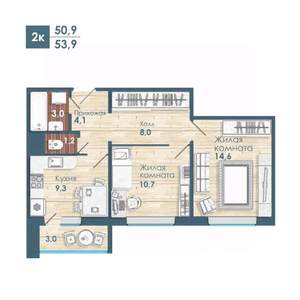 2-к квартира, строящийся дом, 54м2, 18/18 этаж