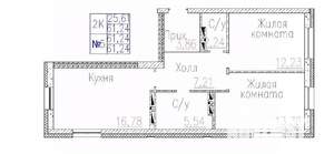 2-к квартира, строящийся дом, 61м2, 1/24 этаж