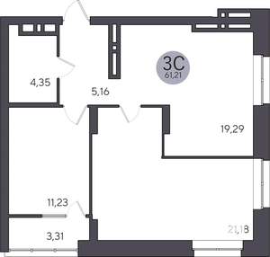 2-к квартира, строящийся дом, 61м2, 24/25 этаж