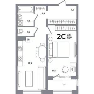 2-к квартира, вторичка, 54м2, 14/17 этаж