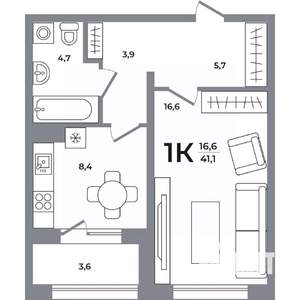1-к квартира, вторичка, 41м2, 5/12 этаж