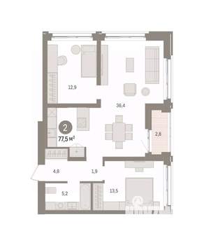 2-к квартира, вторичка, 77м2, 11/16 этаж