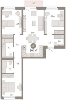 3-к квартира, вторичка, 90м2, 5/9 этаж