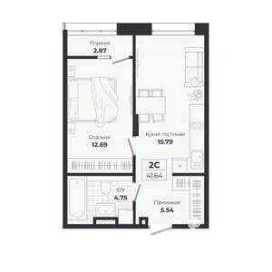 2-к квартира, строящийся дом, 39м2, 8/9 этаж