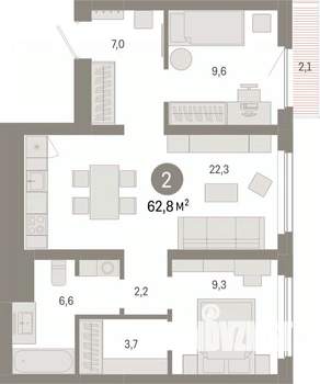 2-к квартира, вторичка, 63м2, 5/9 этаж