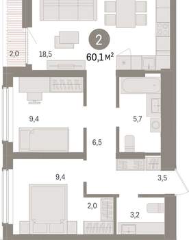 2-к квартира, вторичка, 60м2, 11/15 этаж